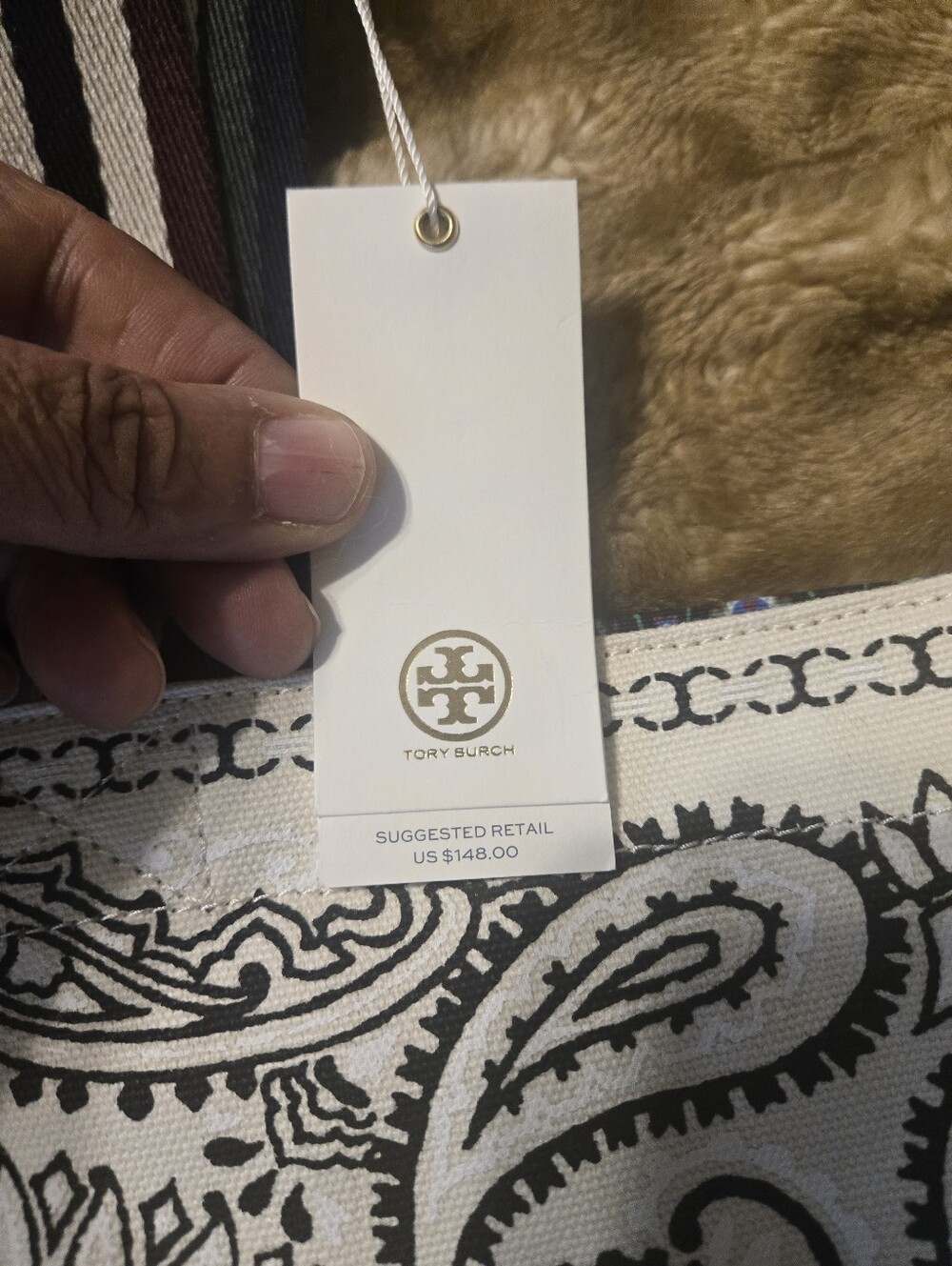 Tory Burch White Canvas Tote with Tan Leather Logo Patch and Black Paisley Print - Picture 2 of 6